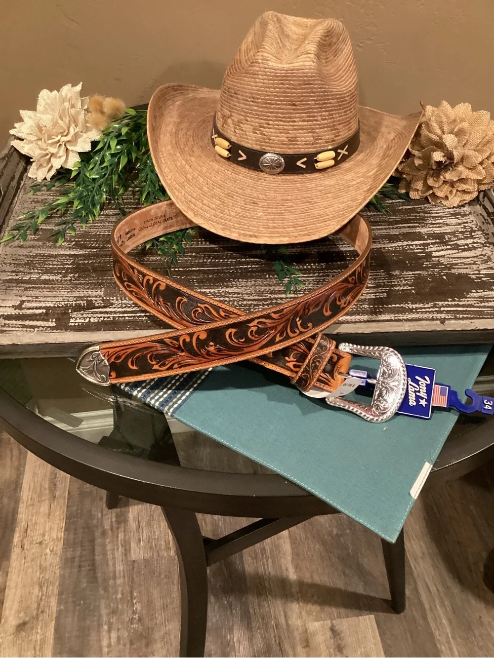 Tony Lama Brown Tooled Leather Western Belt with Silver Buckle